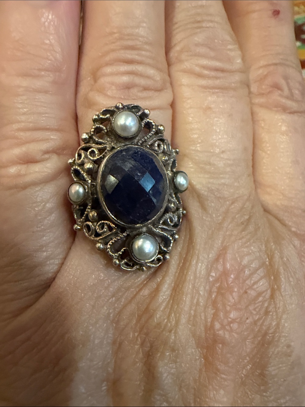 Vintage-Style Sterling Silver Ring with Blue Sapphire and Pearl Accents